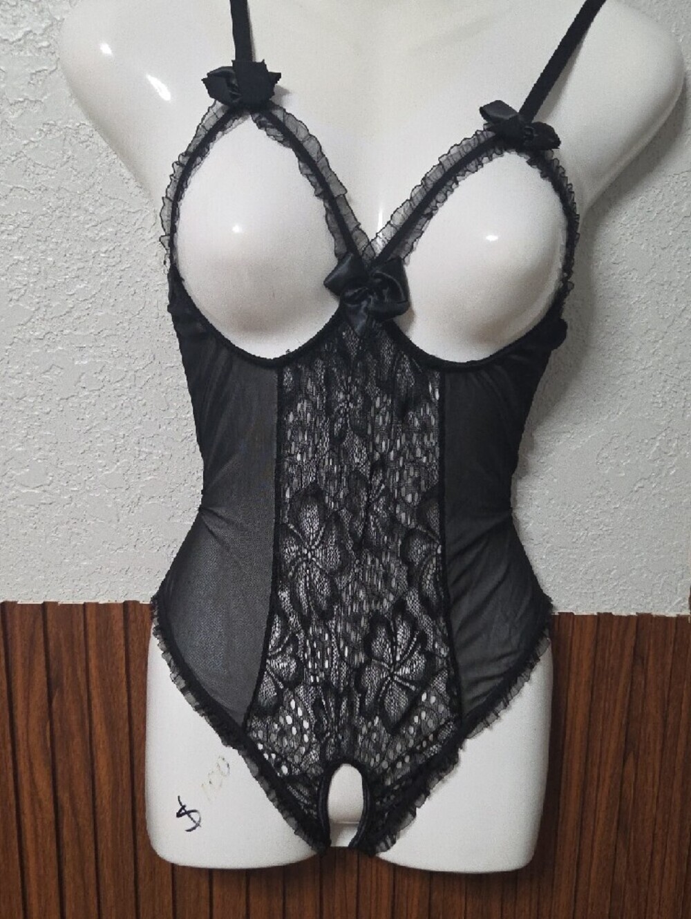 Black Lace Sheer Bodysuit Teddy with Open Crotch Xlarge Size. - Picture 2 of 5